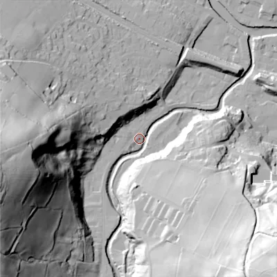 Shaded relief map of the ground around HX75EN, computed from Environment Agency LiDAR. The ground here sits at about 95 m above sea level and falls 95 m across the surrounding 800 m. Surface water reaching this point runs off ground lying to the west-south-west, 91.3 m higher.