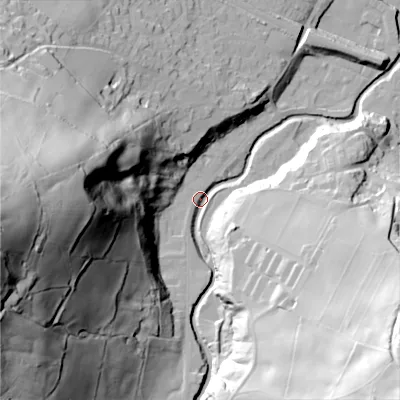 Shaded relief map of the ground around HX75EP, computed from Environment Agency LiDAR. The ground here sits at about 95 m above sea level and falls 113 m across the surrounding 800 m. Surface water reaching this point runs off ground lying to the west, 108.5 m higher.