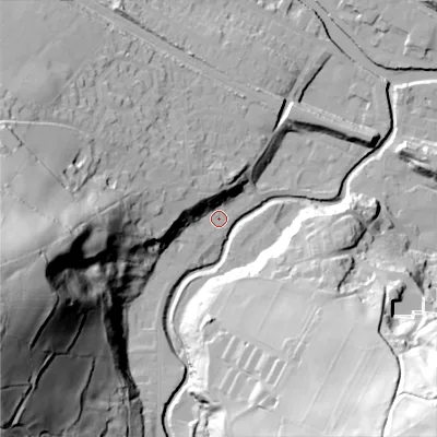 Shaded relief map of the ground around HX75EQ, computed from Environment Agency LiDAR. The ground here sits at about 94 m above sea level and falls 93 m across the surrounding 800 m. Surface water reaching this point runs off ground lying to the west-south-west, 87.4 m higher.