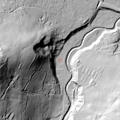 Shaded relief map of the ground around HX75ES, computed from Environment Agency LiDAR. The ground here sits at about 96 m above sea level and falls 132 m across the surrounding 800 m. Surface water reaching this point runs off ground lying to the west, 125.6 m higher.