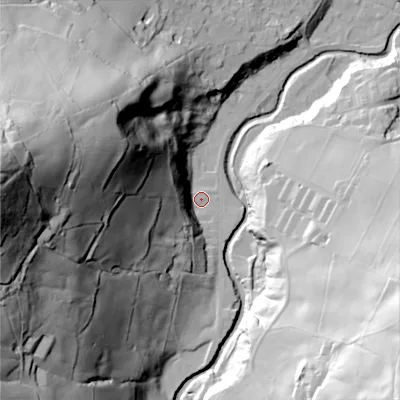 Shaded relief map of the ground around HX75EU, computed from Environment Agency LiDAR. The ground here sits at about 98 m above sea level and falls 136 m across the surrounding 800 m. Surface water reaching this point runs off ground lying to the west, 128.3 m higher.