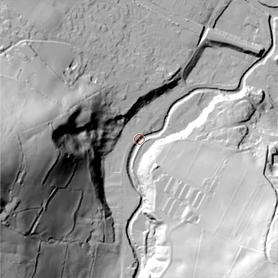 Shaded relief map of the ground around HX75EW, computed from Environment Agency LiDAR. The ground here sits at about 95 m above sea level and falls 108 m across the surrounding 800 m. Surface water reaching this point runs off ground lying to the west-south-west, 103.9 m higher.