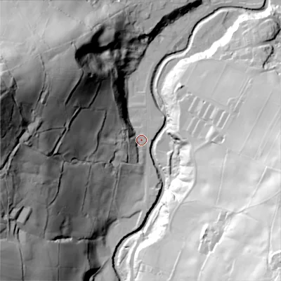 Shaded relief map of the ground around HX75EZ, computed from Environment Agency LiDAR. The ground here sits at about 99 m above sea level and falls 129 m across the surrounding 800 m. Surface water reaching this point runs off ground lying to the west-north-west, 120.4 m higher.