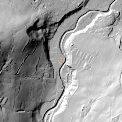 Shaded relief map of the ground around HX75HR, computed from Environment Agency LiDAR. The ground here sits at about 98 m above sea level and falls 114 m across the surrounding 800 m. Surface water reaching this point runs off ground lying to the west, 104.1 m higher.