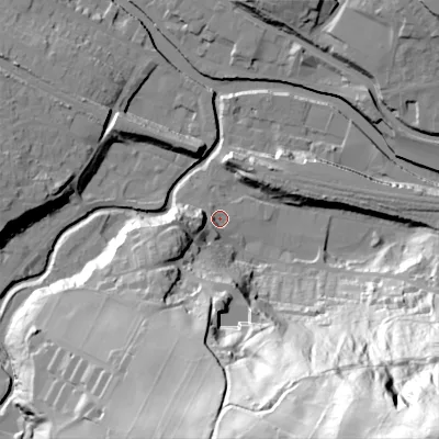 Shaded relief map of the ground around HX75HT, computed from Environment Agency LiDAR. The ground here sits at about 93 m above sea level and falls 148 m across the surrounding 800 m. Surface water reaching this point runs off ground lying to the south, 54.0 m higher.