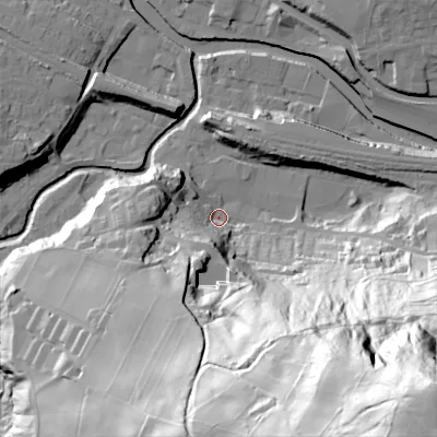 Shaded relief map of the ground around HX75HU, computed from Environment Agency LiDAR. The ground here sits at about 92 m above sea level and falls 152 m across the surrounding 800 m. Surface water reaching this point runs off ground lying to the south-east, 149.9 m higher.