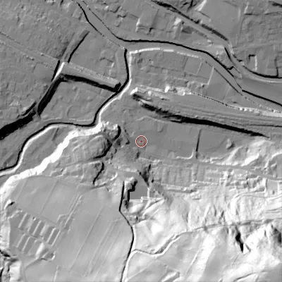 Shaded relief map of the ground around HX75HZ, computed from Environment Agency LiDAR. The ground here sits at about 92 m above sea level and falls 151 m across the surrounding 800 m. Surface water reaching this point runs off ground lying to the south-east, 149.6 m higher.