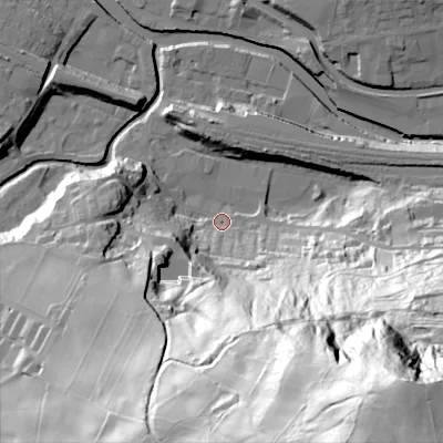 Shaded relief map of the ground around HX75JA, computed from Environment Agency LiDAR. The ground here sits at about 93 m above sea level and falls 153 m across the surrounding 800 m. Surface water reaching this point runs off ground lying to the south-east, 151.3 m higher.