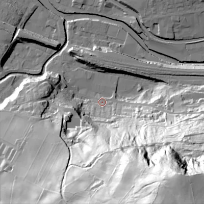 Shaded relief map of the ground around HX75JB, computed from Environment Agency LiDAR. The ground here sits at about 94 m above sea level and falls 154 m across the surrounding 800 m. Surface water reaching this point runs off ground lying to the south-east, 151.9 m higher.