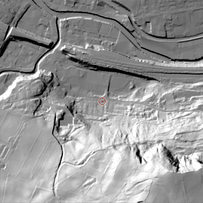 Shaded relief map of the ground around HX75JD, computed from Environment Agency LiDAR. The ground here sits at about 94 m above sea level and falls 154 m across the surrounding 800 m. Surface water reaching this point runs off ground lying to the south-south-east, 129.8 m higher.