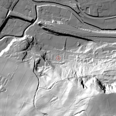 Shaded relief map of the ground around HX75JE, computed from Environment Agency LiDAR. The ground here sits at about 98 m above sea level and falls 157 m across the surrounding 800 m. Surface water reaching this point runs off ground lying to the south-south-east, 121.8 m higher.