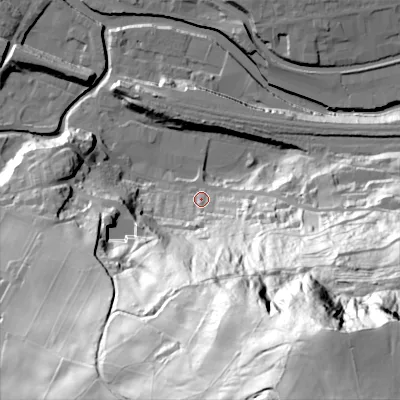 Shaded relief map of the ground around HX75JF, computed from Environment Agency LiDAR. The ground here sits at about 96 m above sea level and falls 155 m across the surrounding 800 m. Surface water reaching this point runs off ground lying to the south-south-east, 127.0 m higher.