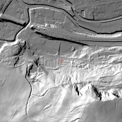 Shaded relief map of the ground around HX75JG, computed from Environment Agency LiDAR. The ground here sits at about 96 m above sea level and falls 155 m across the surrounding 800 m. Surface water reaching this point runs off ground lying to the south-south-east, 148.6 m higher.