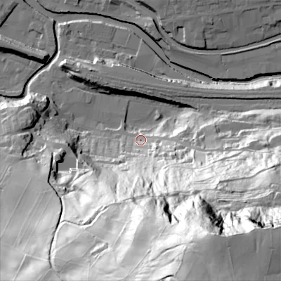 Shaded relief map of the ground around HX75JQ, computed from Environment Agency LiDAR. The ground here sits at about 96 m above sea level and falls 155 m across the surrounding 800 m. Surface water reaching this point runs off ground lying to the south-south-east, 147.7 m higher.