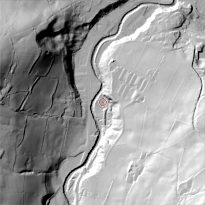 Shaded relief map of the ground around HX75JT, computed from Environment Agency LiDAR. The ground here sits at about 98 m above sea level and falls 120 m across the surrounding 800 m. Surface water reaching this point runs off ground lying to the south-east, 104.1 m higher.