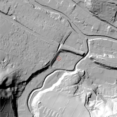 Shaded relief map of the ground around HX75JX, computed from Environment Agency LiDAR. The ground here sits at about 93 m above sea level and falls 84 m across the surrounding 800 m. Surface water reaching this point runs off ground lying to the west-south-west, 63.8 m higher.