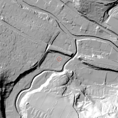 Shaded relief map of the ground around HX75JY, computed from Environment Agency LiDAR. The ground here sits at about 92 m above sea level and falls 93 m across the surrounding 800 m. Surface water reaching this point runs off ground lying to the west-south-west, 34.1 m higher.