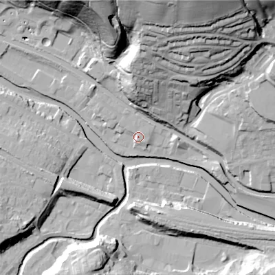 Shaded relief map of the ground around HX75LF, computed from Environment Agency LiDAR. The ground here sits at about 93 m above sea level and falls 62 m across the surrounding 800 m. Surface water reaching this point runs off ground lying to the north-west, 3.1 m higher.