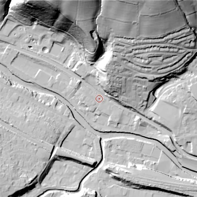 Shaded relief map of the ground around HX75LG, computed from Environment Agency LiDAR. The ground here sits at about 94 m above sea level and falls 77 m across the surrounding 800 m. Surface water reaching this point runs off ground lying to the north-north-east, 20.9 m higher.