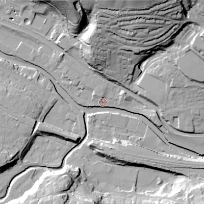 Shaded relief map of the ground around HX75LH, computed from Environment Agency LiDAR. The ground here sits at about 92 m above sea level and falls 55 m across the surrounding 800 m. Surface water reaching this point runs off ground lying to the south-south-west, 29.2 m higher.