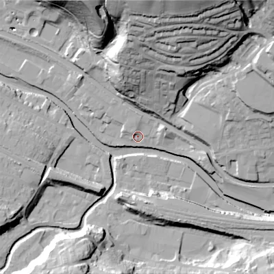 Shaded relief map of the ground around HX75LL, computed from Environment Agency LiDAR. The ground here sits at about 91 m above sea level and falls 57 m across the surrounding 800 m. Surface water reaching this point runs off ground lying to the north-west, 3.1 m higher.