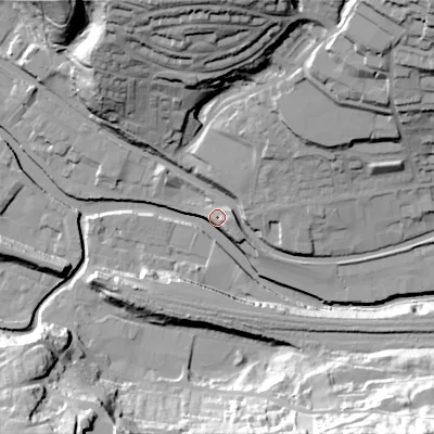 Shaded relief map of the ground around HX75LN, computed from Environment Agency LiDAR. The ground here sits at about 95 m above sea level and falls 55 m across the surrounding 800 m. Surface water reaching this point runs off ground lying to the south-east, 47.1 m higher.