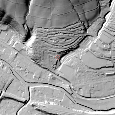 Shaded relief map of the ground around HX75LR, computed from Environment Agency LiDAR. The ground here sits at about 107 m above sea level and falls 85 m across the surrounding 800 m. Surface water reaching this point runs off ground lying to the north, 10.8 m higher.