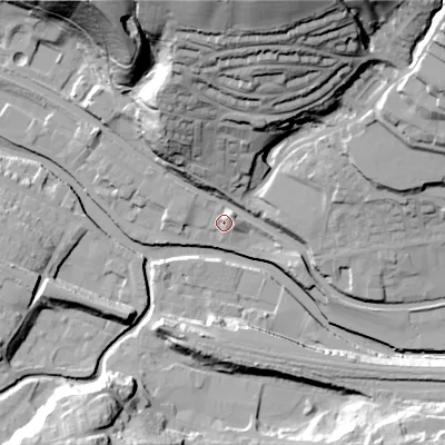 Shaded relief map of the ground around HX75LW, computed from Environment Agency LiDAR. The ground here sits at about 93 m above sea level and falls 59 m across the surrounding 800 m. Surface water reaching this point runs off ground lying to the north, 54.8 m higher.