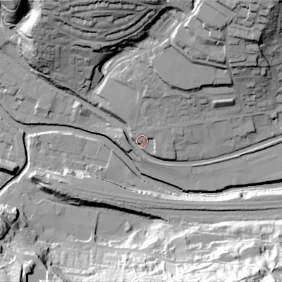 Shaded relief map of the ground around HX75NX, computed from Environment Agency LiDAR. The ground here sits at about 97 m above sea level and falls 61 m across the surrounding 800 m. Surface water reaching this point runs off ground lying to the north-north-east, 27.3 m higher.