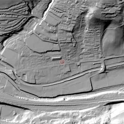 Shaded relief map of the ground around HX75PD, computed from Environment Agency LiDAR. The ground here sits at about 100 m above sea level and falls 84 m across the surrounding 800 m. Surface water reaching this point runs off ground lying to the north-north-east, 51.5 m higher.
