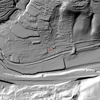 Shaded relief map of the ground around HX75PF, computed from Environment Agency LiDAR. The ground here sits at about 96 m above sea level and falls 80 m across the surrounding 800 m. Surface water reaching this point runs off ground lying to the north, 47.7 m higher.
