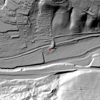 Shaded relief map of the ground around HX75PZ, computed from Environment Agency LiDAR. The ground here sits at about 91 m above sea level and falls 84 m across the surrounding 800 m. Surface water reaching this point runs off ground lying to the north-north-east, 5.8 m higher.