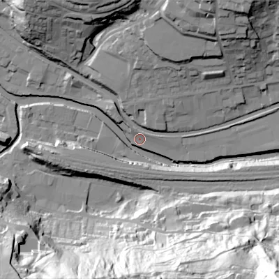 Shaded relief map of the ground around HX75QF, computed from Environment Agency LiDAR. The ground here sits at about 92 m above sea level and falls 107 m across the surrounding 800 m. Surface water reaching this point runs off ground lying to the east, 1.2 m higher.