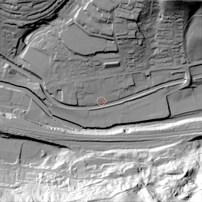 Shaded relief map of the ground around HX75QJ, computed from Environment Agency LiDAR. The ground here sits at about 95 m above sea level and falls 88 m across the surrounding 800 m. Surface water reaching this point runs off ground lying to the north-east, 56.2 m higher.