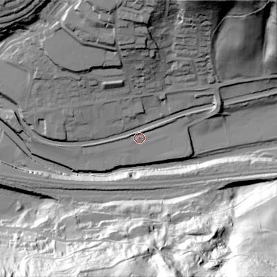 Shaded relief map of the ground around HX75QQ, computed from Environment Agency LiDAR. The ground here sits at about 93 m above sea level and falls 100 m across the surrounding 800 m. Surface water reaching this point runs off ground lying to the west-south-west, 0.6 m higher.
