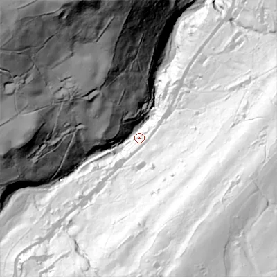 Shaded relief map of the ground around HX75SJ, computed from Environment Agency LiDAR. The ground here sits at about 154 m above sea level and falls 176 m across the surrounding 800 m. Surface water reaching this point runs off ground lying to the north-west, 142.6 m higher.