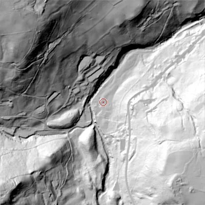 Shaded relief map of the ground around HX75SY, computed from Environment Agency LiDAR. The ground here sits at about 165 m above sea level and falls 158 m across the surrounding 800 m. Surface water reaching this point runs off ground lying to the south-east, 27.2 m higher.
