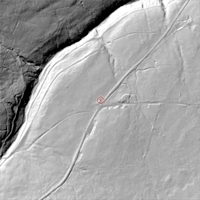 Shaded relief map of the ground around HX75TS, computed from Environment Agency LiDAR. The ground here sits at about 292 m above sea level and falls 91 m across the surrounding 800 m. Surface water reaching this point runs off ground lying to the south-south-east, 30.5 m higher.