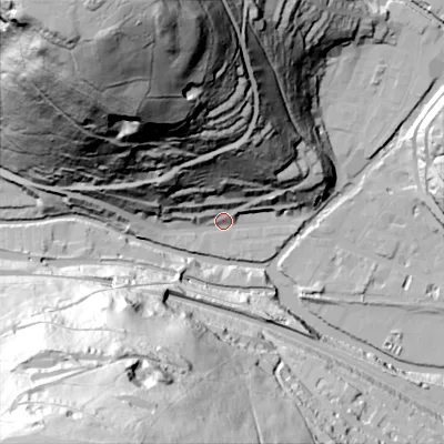 Shaded relief map of the ground around HX76AA, computed from Environment Agency LiDAR. The ground here sits at about 101 m above sea level and falls 149 m across the surrounding 800 m. Surface water reaching this point runs off ground lying to the north, 50.4 m higher.