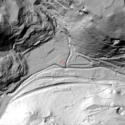 Shaded relief map of the ground around HX76AB, computed from Environment Agency LiDAR. The ground here sits at about 104 m above sea level and falls 147 m across the surrounding 800 m. Surface water reaching this point runs off ground lying to the north-north-east, 143.8 m higher.