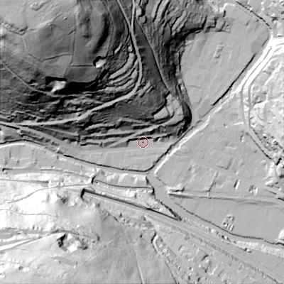 Shaded relief map of the ground around HX76AD, computed from Environment Agency LiDAR. The ground here sits at about 99 m above sea level and falls 149 m across the surrounding 800 m. Surface water reaching this point runs off ground lying to the north, 55.1 m higher.