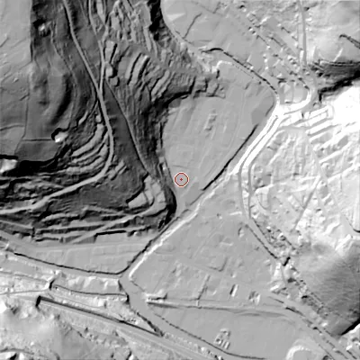 Shaded relief map of the ground around HX76AG, computed from Environment Agency LiDAR. The ground here sits at about 101 m above sea level and falls 150 m across the surrounding 800 m. Surface water reaching this point runs off ground lying to the north-west, 78.2 m higher.