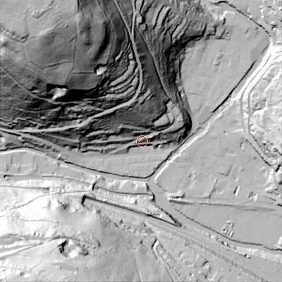 Shaded relief map of the ground around HX76AH, computed from Environment Agency LiDAR. The ground here sits at about 108 m above sea level and falls 149 m across the surrounding 800 m. Surface water reaching this point runs off ground lying to the north, 55.1 m higher.