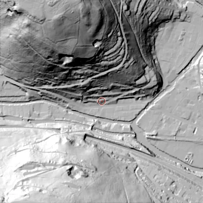 Shaded relief map of the ground around HX76AJ, computed from Environment Agency LiDAR. The ground here sits at about 103 m above sea level and falls 149 m across the surrounding 800 m. Surface water reaching this point runs off ground lying to the north-north-east, 48.3 m higher.