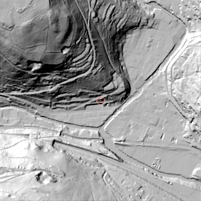 Shaded relief map of the ground around HX76AL, computed from Environment Agency LiDAR. The ground here sits at about 108 m above sea level and falls 149 m across the surrounding 800 m. Surface water reaching this point runs off ground lying to the north-north-west, 55.1 m higher.
