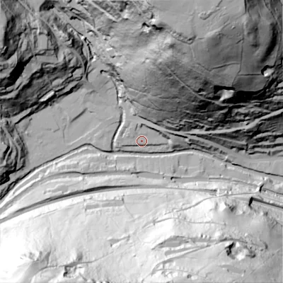 Shaded relief map of the ground around HX76AR, computed from Environment Agency LiDAR. The ground here sits at about 104 m above sea level and falls 147 m across the surrounding 800 m. Surface water reaching this point runs off ground lying to the north, 5.9 m higher.