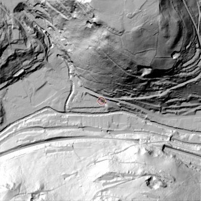 Shaded relief map of the ground around HX76BJ, computed from Environment Agency LiDAR. The ground here sits at about 107 m above sea level and falls 149 m across the surrounding 800 m. Surface water reaching this point runs off ground lying to the north-north-east, 140.5 m higher.