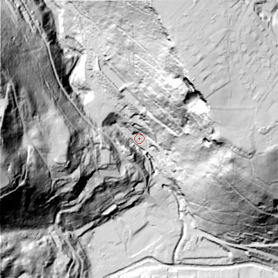 Shaded relief map of the ground around HX76DR, computed from Environment Agency LiDAR. The ground here sits at about 118 m above sea level and falls 165 m across the surrounding 800 m. Surface water reaching this point runs off ground lying to the north-north-east, 152.3 m higher.