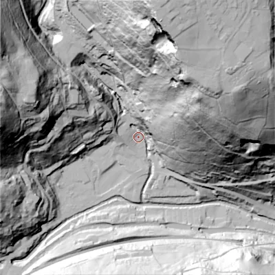 Shaded relief map of the ground around HX76DS, computed from Environment Agency LiDAR. The ground here sits at about 106 m above sea level and falls 159 m across the surrounding 800 m. Surface water reaching this point runs off ground lying to the north-north-east, 153.5 m higher.