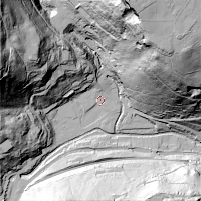 Shaded relief map of the ground around HX76DT, computed from Environment Agency LiDAR. The ground here sits at about 104 m above sea level and falls 156 m across the surrounding 800 m. Surface water reaching this point runs off ground lying to the north, 8.4 m higher.